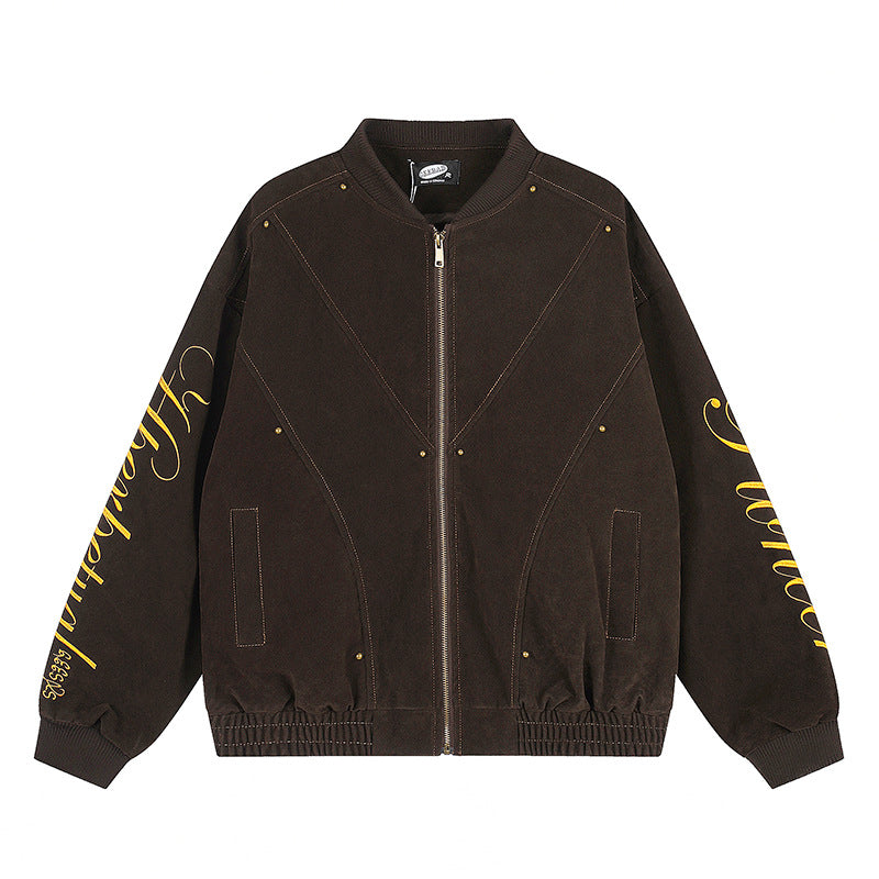 Damen Oversize-Bomberjacke im Velours-Look mit Script-Ärmeln und Metallnieten Nord Taschen