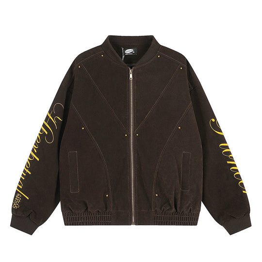 Damen Oversize-Bomberjacke im Velours-Look mit Script-Ärmeln und Metallnieten Nord Taschen