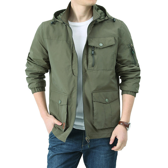 Herren wasserabweisende Kapuzen-Canvas-Fieldjacke mit verdecktem Zweiwege-Reißverschluss, elastischen Ärmelbündchen und Utility-Pattentaschen Nord Taschen