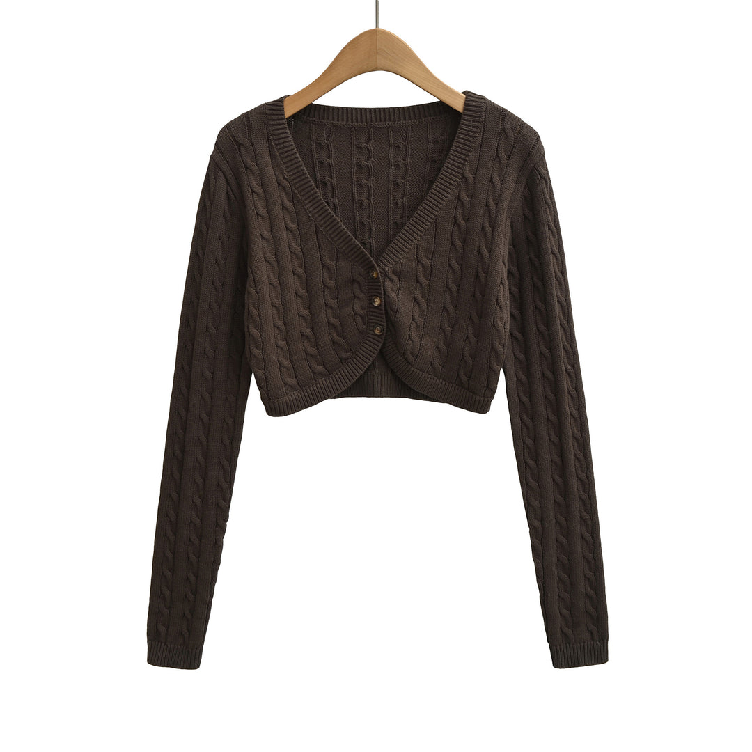 Damen Kurzgeschnittener Zopfstrick-Cardigan mit V‑Ausschnitt und Knopfleiste Nord Taschen