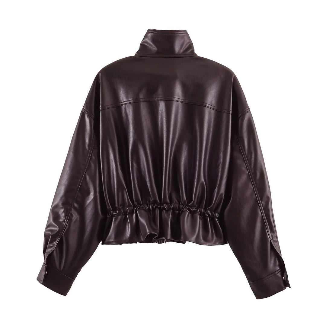 Damen Oversize Blousonjacke aus veganem Leder mit hohem Stehkragen und Kordelzugtaillierung Nord Taschen