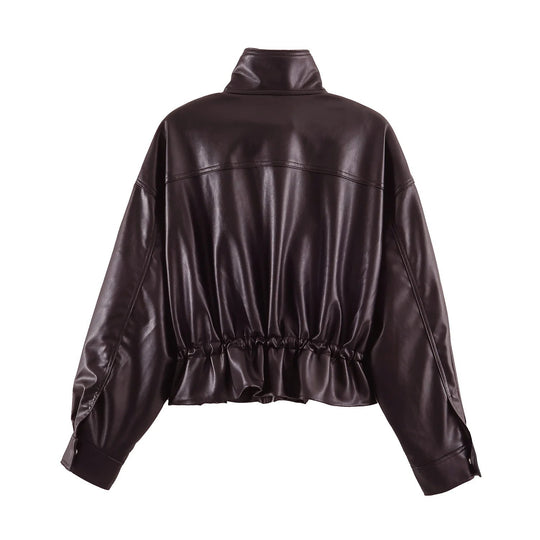 Damen Oversize Blousonjacke aus veganem Leder mit hohem Stehkragen und Kordelzugtaillierung Nord Taschen