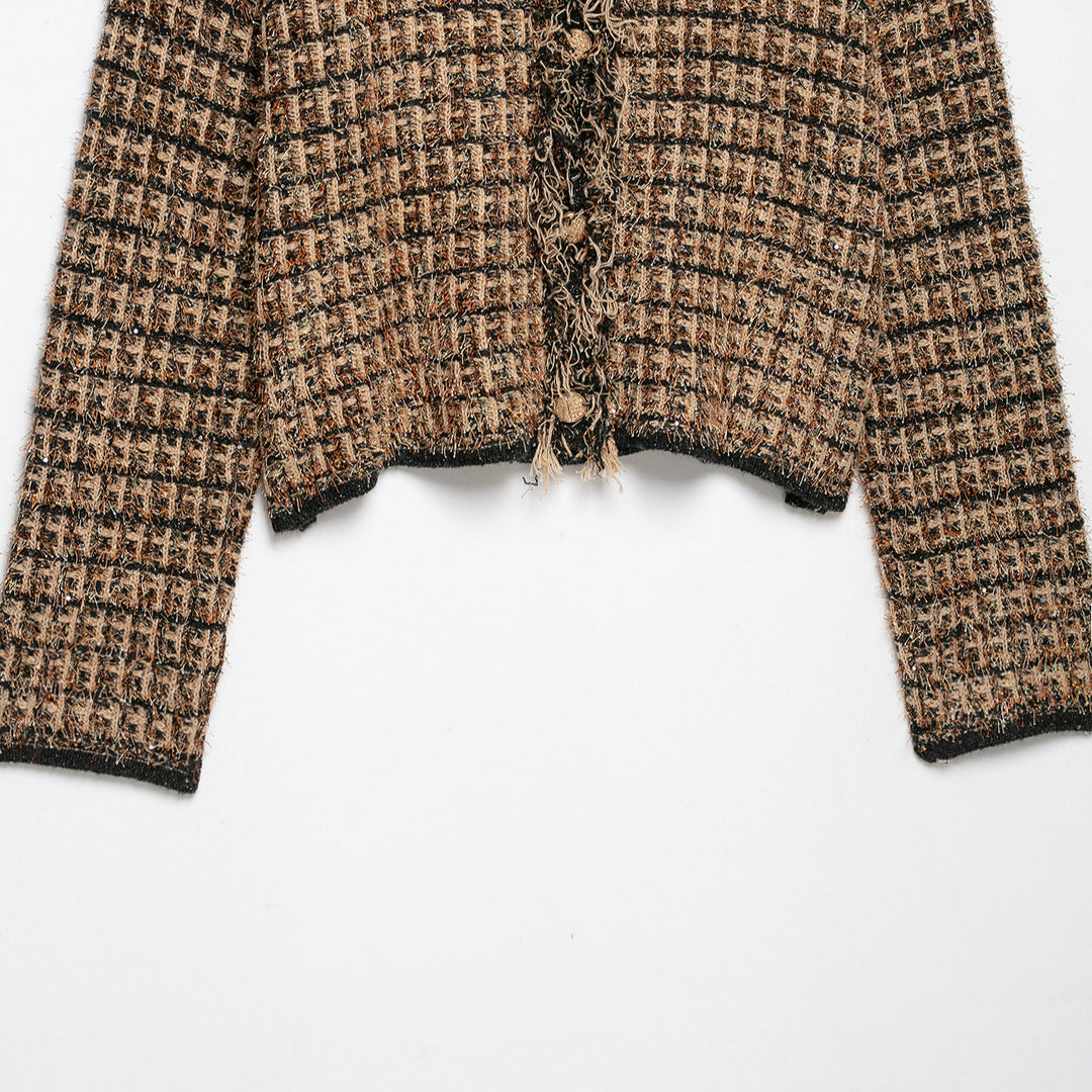 Damen Bouclé-Tweed-Croppedjacke mit Fransenbesatz und Rundhalsausschnitt Nord Taschen