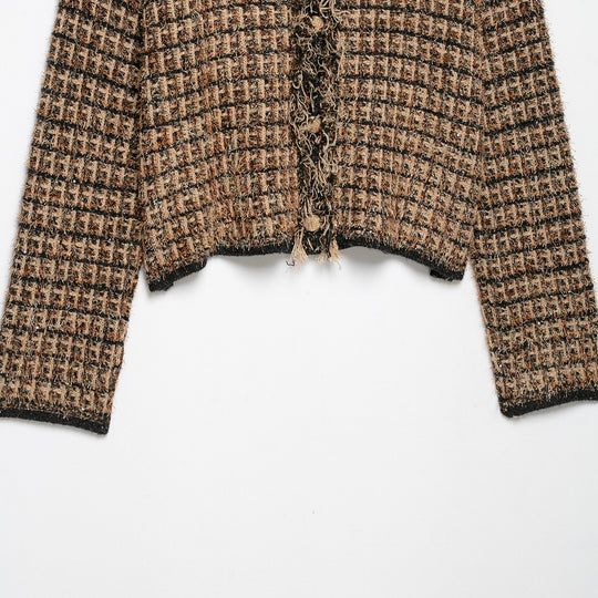 Damen Bouclé-Tweed-Croppedjacke mit Fransenbesatz und Rundhalsausschnitt Nord Taschen