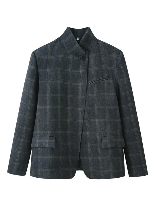 Damen Gerade geschnittener Glencheck-Blazer mit Stehkragen und Pattentaschen Nord Taschen