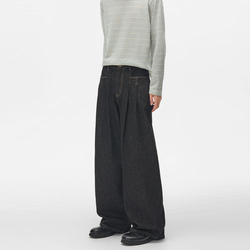 Damen High‑Waist Plissée-Denim-Palazzohose mit ultrabreitem Bein und verlängertem Saum Nord Taschen