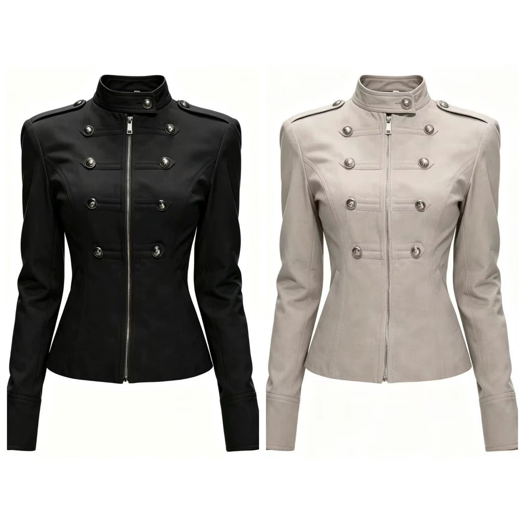 Damen Taillierte Military‑Inspired Jacke mit Stehkragen, Zierknopfreihe und Reißverschluss Nord Taschen