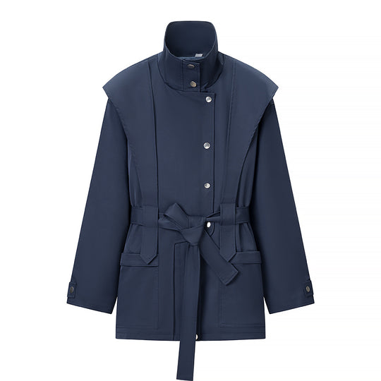 Damen Taillierte Übergangsjacke mit Stehkragen, Schultercape und Bindegürtel Nord Taschen