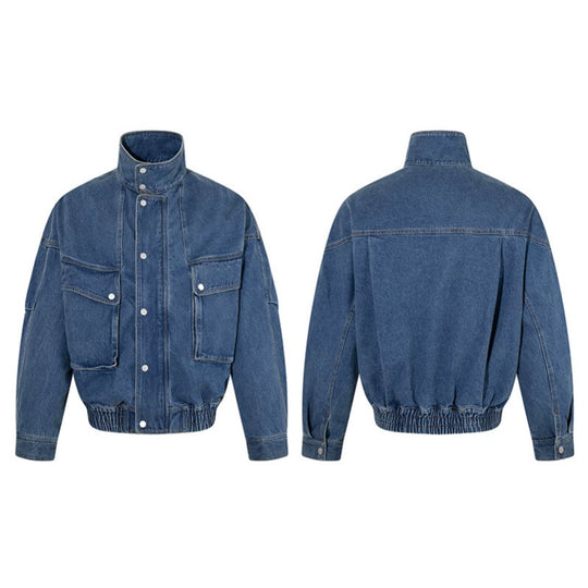Damen Oversize-Jeansjacke mit Stehkragen, Druckknopfleiste und aufgesetzten Cargo-Taschen Nord Taschen