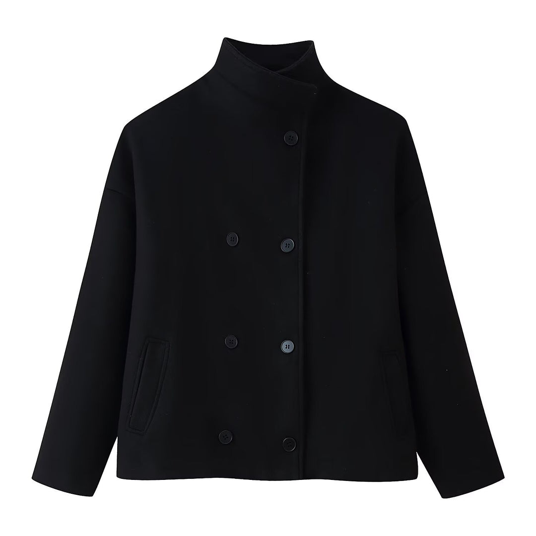 Damen Boxy Wolljacke im Cocoon‑Schnitt mit Stehkragen und doppeltreiher Knopfleiste Nord Taschen
