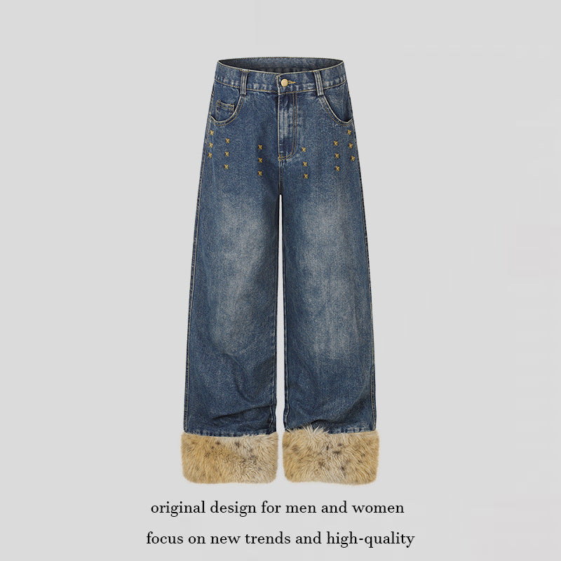 Damen Weite Denim-Palazzo-Jeans mit Fellbündchen und Nieten Nord Taschen