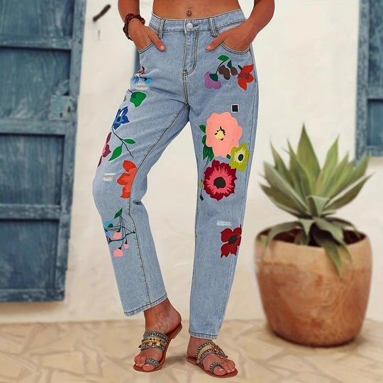 Damen Gerade geschnittene Jeans mit bunten Blumenapplikationen und leichten Destroy-Details Nord Taschen