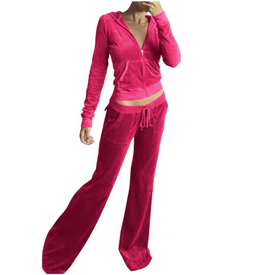 Damen Samtvelours Cropped-Zipjacke mit Kängurutasche und hochgeschnittener Bündchenhose Nord Taschen