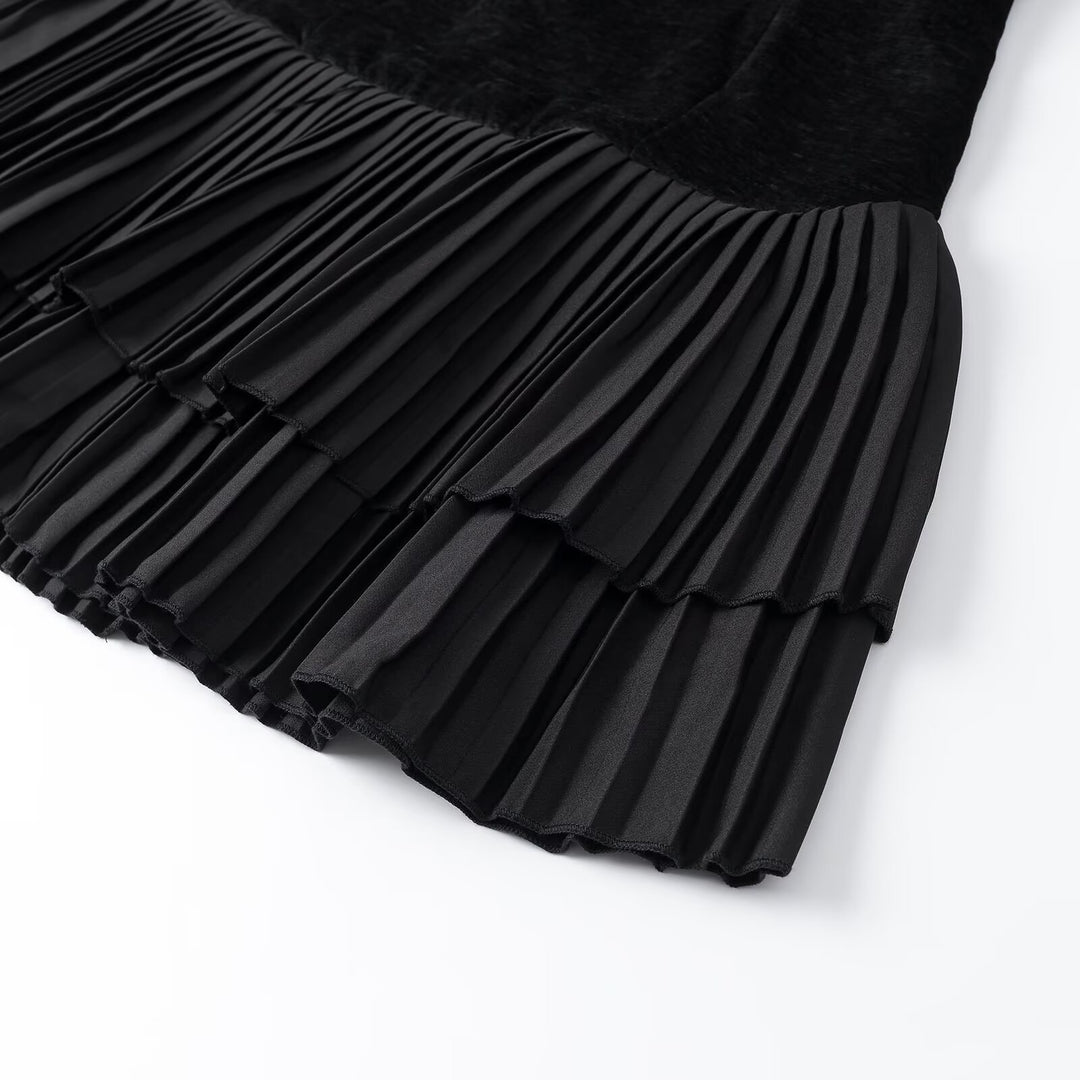 Damen Samt-Midikleid mit kurzen Ärmeln und gestuftem Plisseerock Nord Taschen