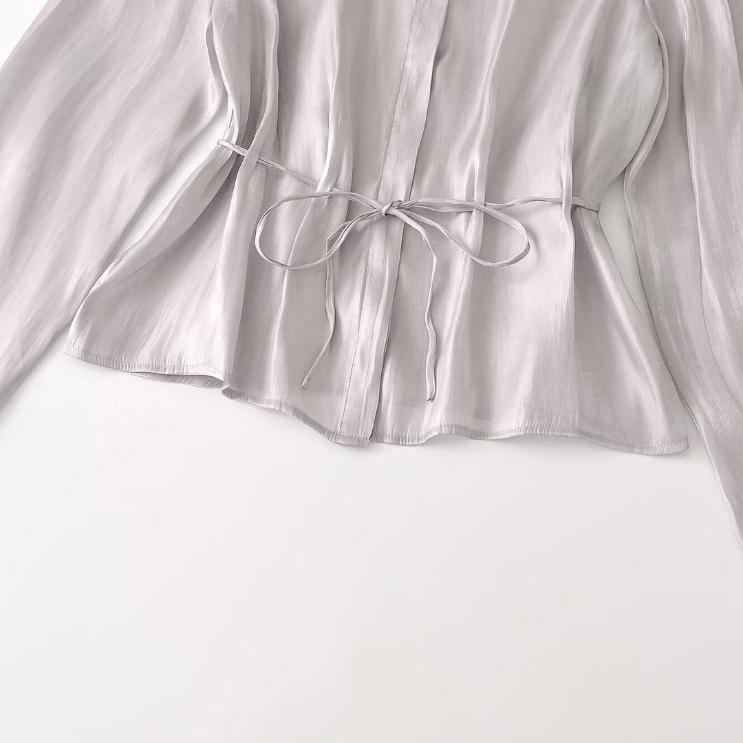 Damen Seidenmatt taillierte Hemdbluse mit Kordelzug und verdeckter Knopfleiste Nord Taschen