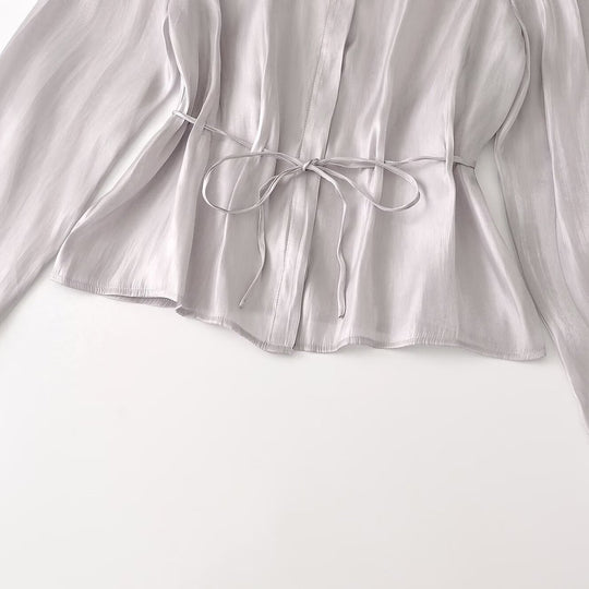 Damen Seidenmatt taillierte Hemdbluse mit Kordelzug und verdeckter Knopfleiste Nord Taschen