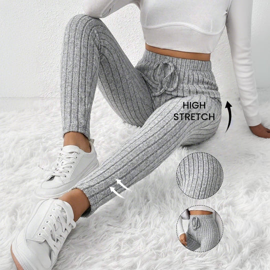 Damen gerippte Highwaist-Stricklegging mit Tunnelzug, elastischer Bund und figurbetonter Skinny-Passform Nord Taschen