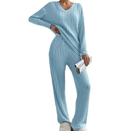 Damen Gemütliches Rippstrick-Loungewear-Set mit V-Ausschnitt und weitem Bein Nord Taschen