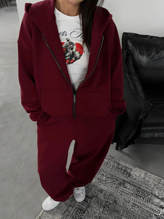Damen lässiges Zip-Lounge-Set mit übergroßer Kapuzenjacke und taillierter Relax-Jogginghose Nord Taschen