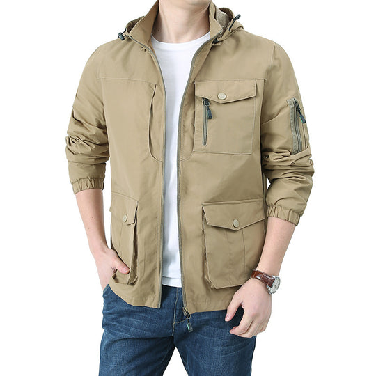 Herren wasserabweisende Kapuzen-Canvas-Fieldjacke mit verdecktem Zweiwege-Reißverschluss, elastischen Ärmelbündchen und Utility-Pattentaschen Nord Taschen