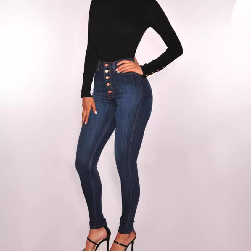 Damen hochgeschnittene Skinny-Jeans mit sichtbarer Knopfleiste und figurformendem Stretch Nord Taschen