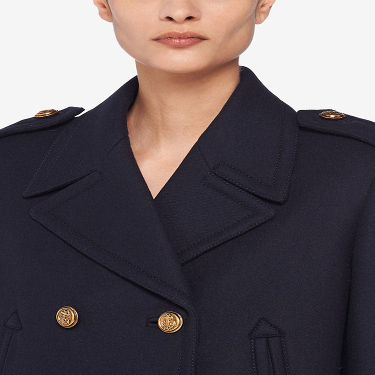 Damen Doppelreihiger militärinspirierter Maxi‑Wollmantel mit Epauletten und Zierriegeln Nord Taschen