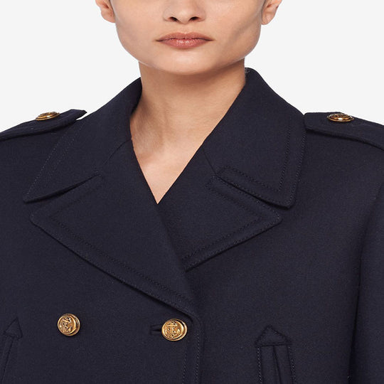 Damen Doppelreihiger militärinspirierter Maxi‑Wollmantel mit Epauletten und Zierriegeln Nord Taschen