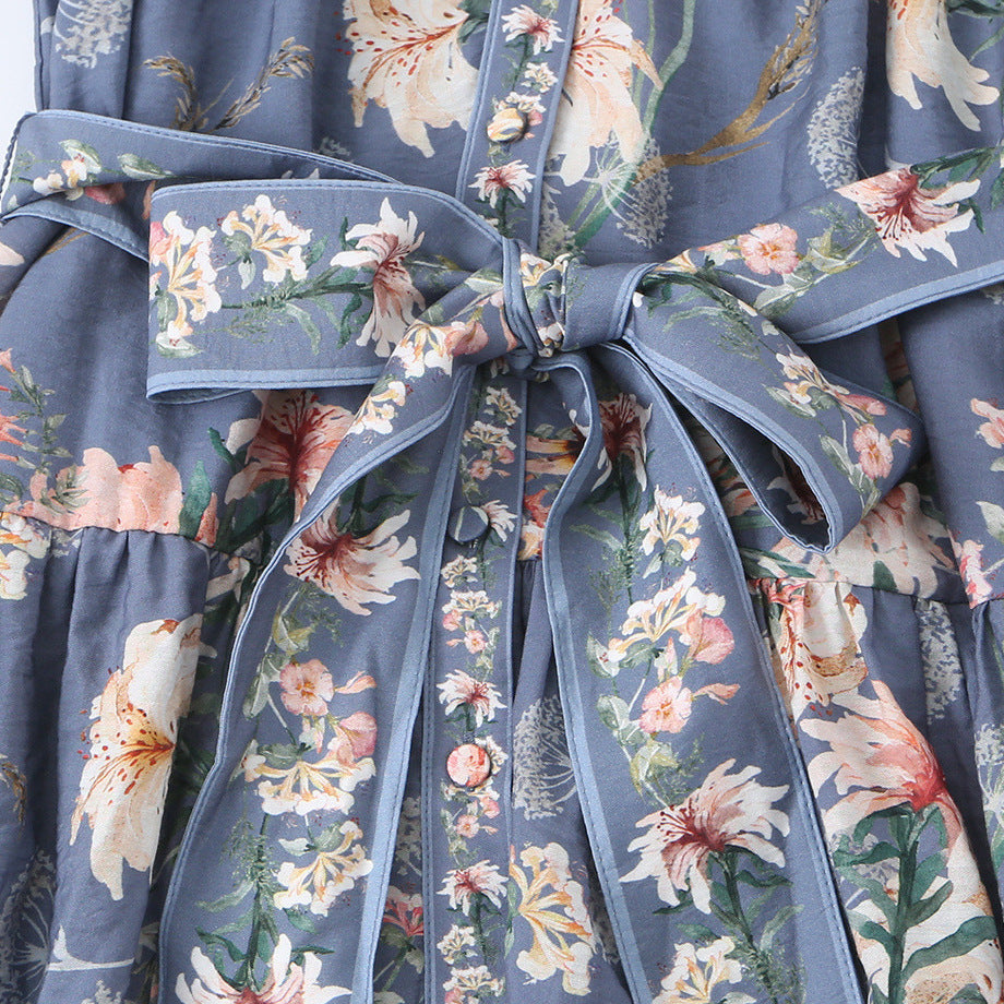 Damen Geblümtes Hemdblusenkleid mit Taillengürtel und stufigem Rock Nord Taschen