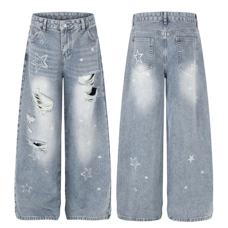 Damen Weite Distressed Palazzo-Jeans mit Stern-Stickerei Nord Taschen