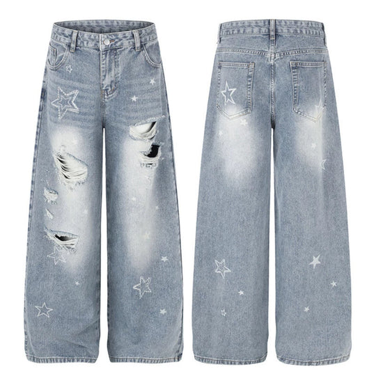 Damen Weite Distressed Palazzo-Jeans mit Stern-Stickerei Nord Taschen