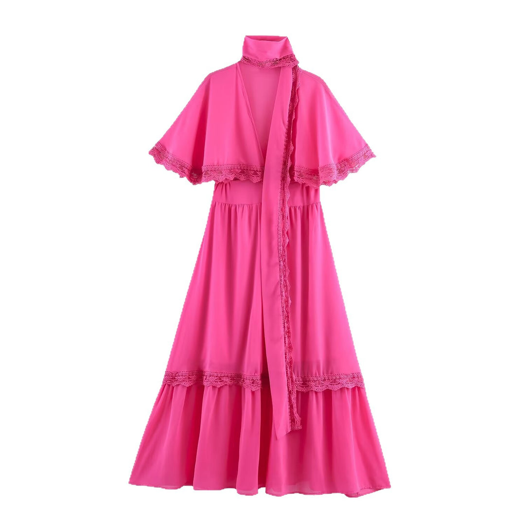 Damen Maxikleid mit Capelet, Stehkragen und Spitzenverzierung Nord Taschen
