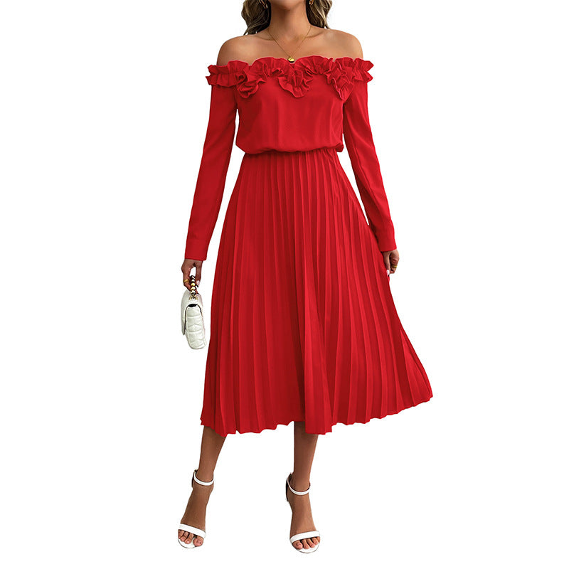 Damen Elegantes Off-Shoulder Plissee Kleid Nord Taschen