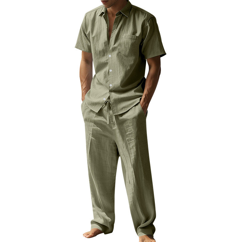 Herren nan resort-taugliches Kurzarm-Hemd mit Brusttasche und lässiger Leinen-Kordelhose