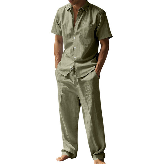 Herren nan resort-taugliches Kurzarm-Hemd mit Brusttasche und lässiger Leinen-Kordelhose