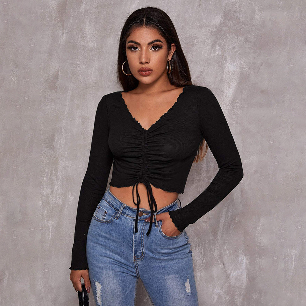 Damen geripptes Cropped-Longsleeve mit Tunnelzugvorderseite, Bindekordeln und gewelltem Saum Nord Taschen