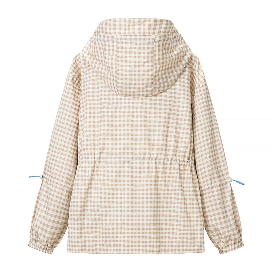 Damen Leichte Kapuzen-Outdoorjacke im Vichy-Karo mit Tunnelzugtaillierung Nord Taschen