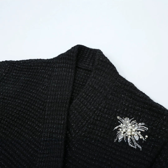Damen Grobgestrickter Double-Breasted Cardigan-Mantel mit Schalkragen und Perlen‑Pailletten-Applikation Nord Taschen