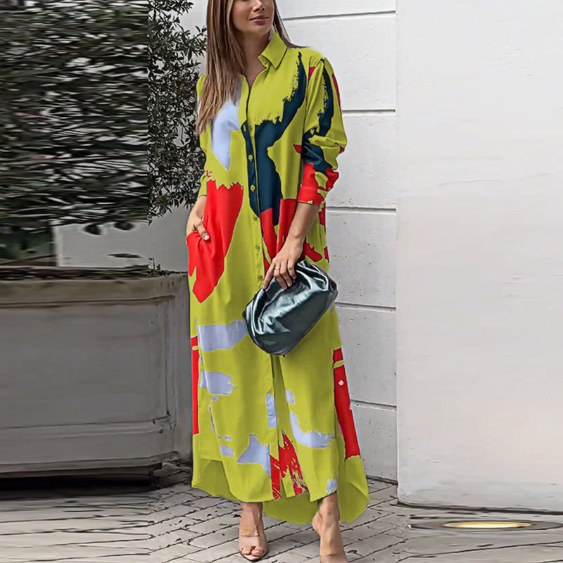 Damen Langes Hemdblusenkleid mit abstraktem Pinselprint und seitlichen Eingrifftaschen Nord Taschen