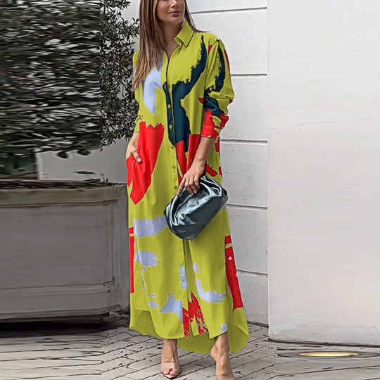 Damen Langes Hemdblusenkleid mit abstraktem Pinselprint und seitlichen Eingrifftaschen Nord Taschen