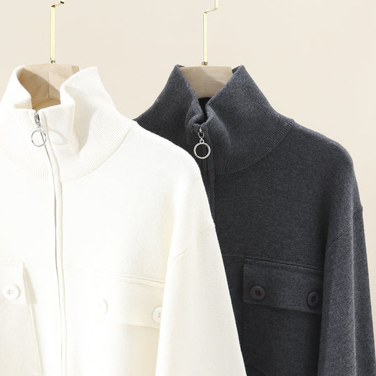 Damen Kurze strukturierte Strickjacke mit Stehkragen, Metallreißverschluss & Brusttaschen Nord Taschen