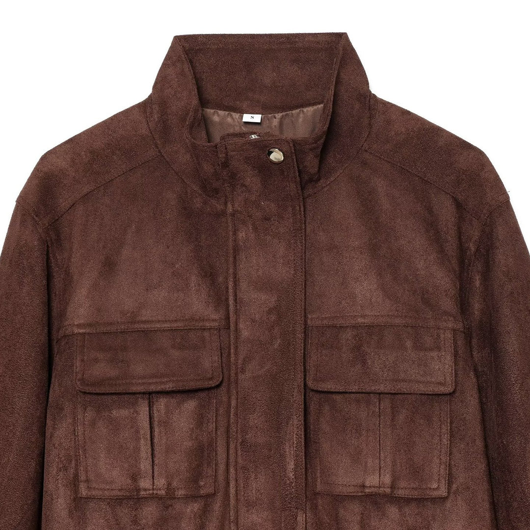 Damen Kurzjacke im Fieldstyle aus Veloursleder‑Optik mit Stehkragen, Brusttaschen und Tunnelzug Nord Taschen