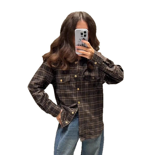 Damen Kariertes Overshirt mit Brusttaschen und goldenen Druckknöpfen Nord Taschen