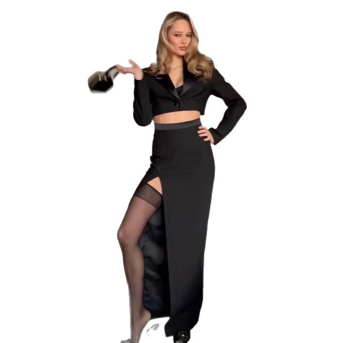 Damen Zweiteiliges Cropped-Blazer- und Maxirock-Set mit hoher Taille und hohem Beinschlitz Nord Taschen