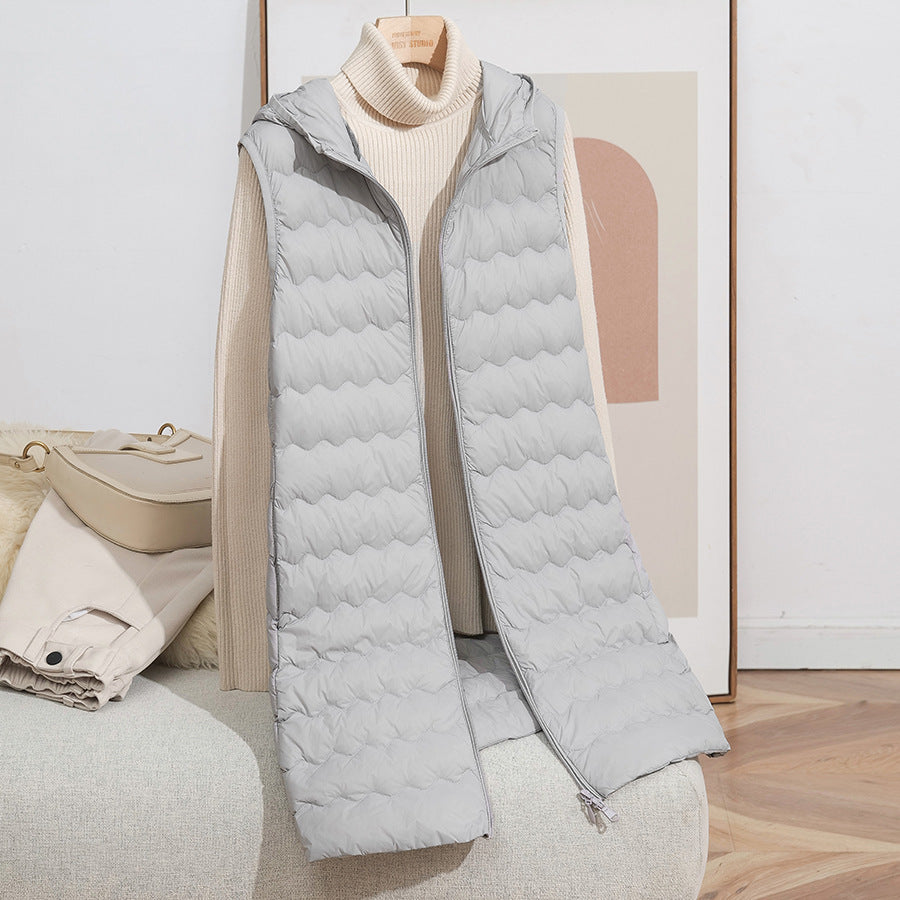 Damen Lange gesteppte Kapuzenweste mit ultraleichter Thermofüllung und Zwei-Wege-Reißverschluss Nord Taschen