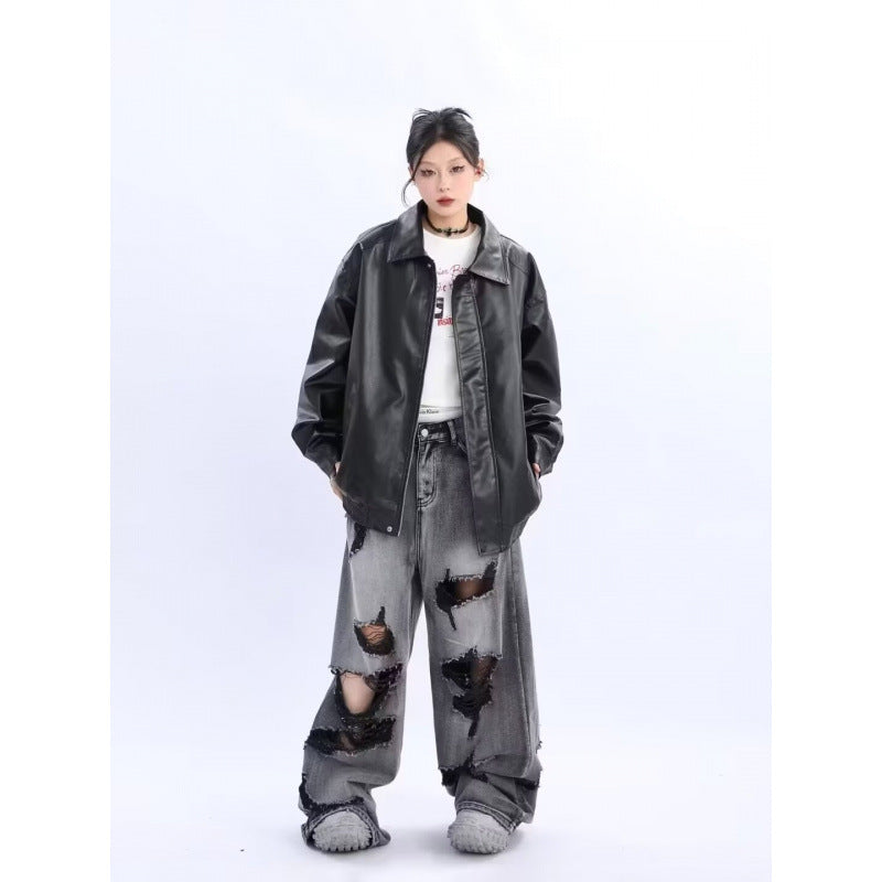 Damen Oversized Kunstleder-Blouson mit elastischem Saum und Hemdkragen Nord Taschen