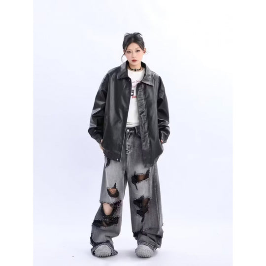 Damen Oversized Kunstleder-Blouson mit elastischem Saum und Hemdkragen Nord Taschen