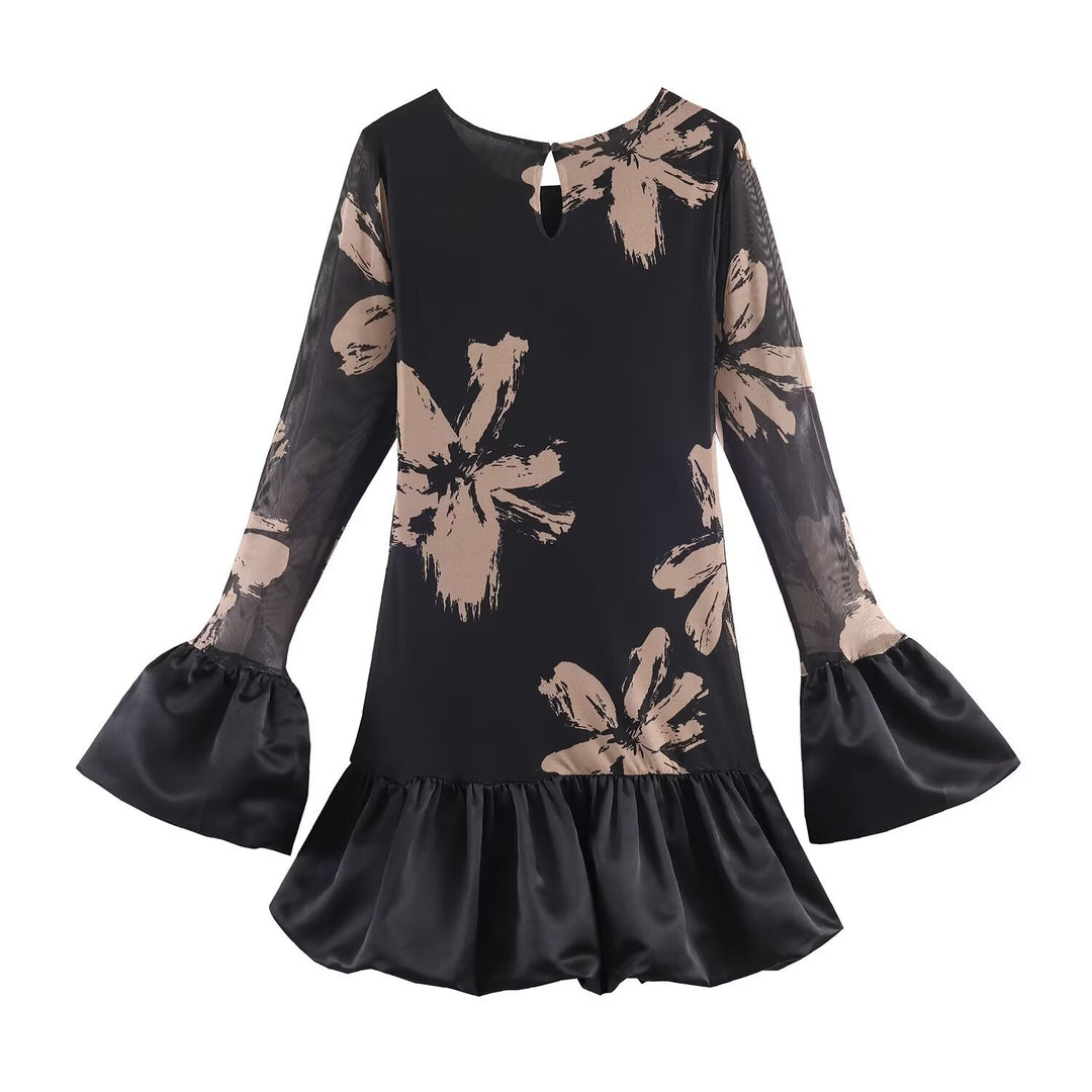 Damen Kurzes A-Linien-Kleid mit Blumenprint, transparenten Trompetenärmeln und Satinvolant Nord Taschen
