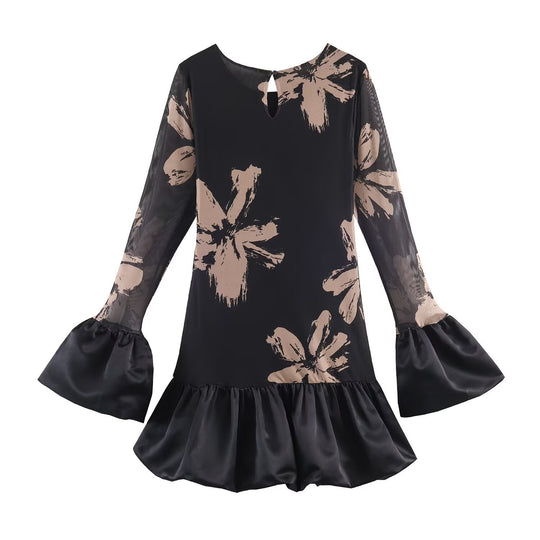 Damen Kurzes A-Linien-Kleid mit Blumenprint, transparenten Trompetenärmeln und Satinvolant Nord Taschen