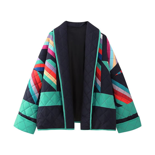 Damen Stepp-Kimonojacke mit geometrischem Colorblock-Print und offener Front Nord Taschen