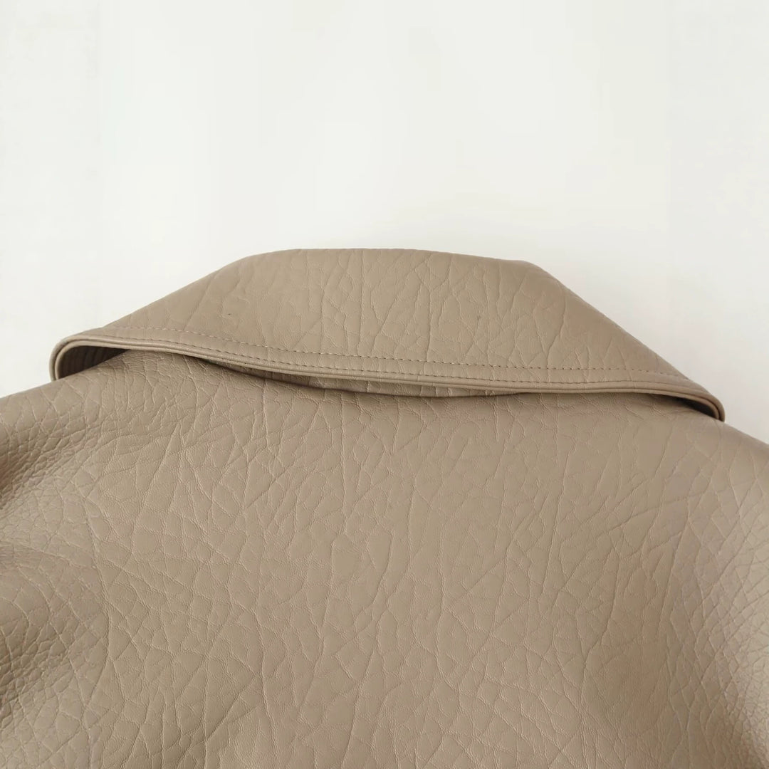 Damen Cropped Lederoptik‑Blouson mit Doppelreihe, elastischem Saum und Oversize‑Revers Nord Taschen